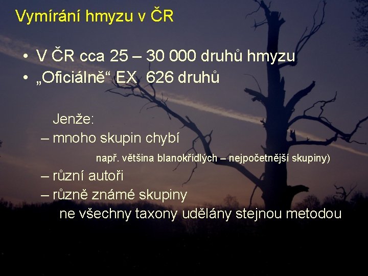 Vymírání hmyzu v ČR • V ČR cca 25 – 30 000 druhů hmyzu Vymírání hmyzu v ČR • V ČR cca 25 – 30 000 druhů hmyzu