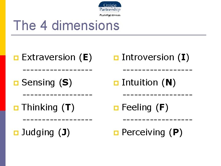 The 4 dimensions Extraversion (E) --------- Sensing (S) --------- Thinking (T) --------- Judging (J)