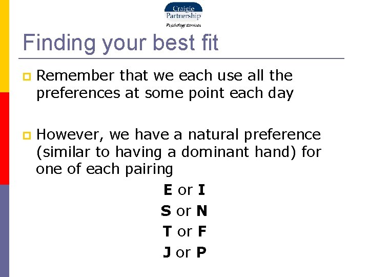 Finding your best fit Remember that we each use all the preferences at some