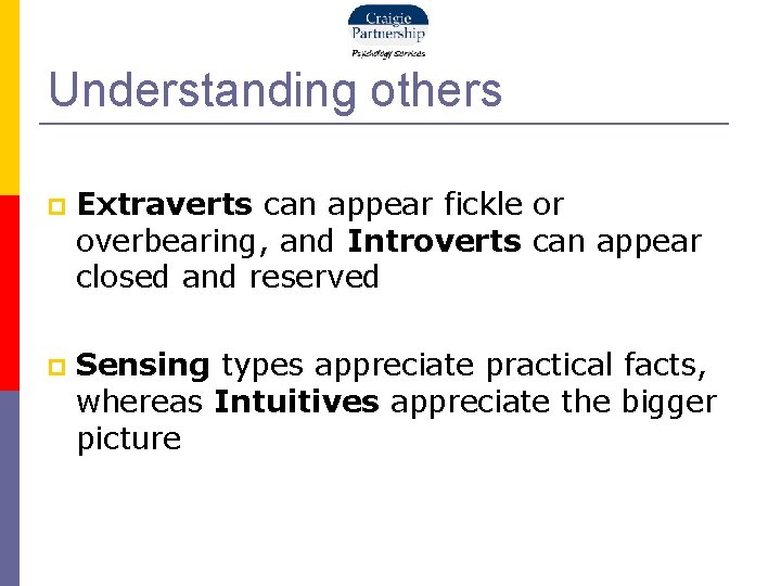 Understanding others Extraverts can appear fickle or overbearing, and Introverts can appear closed and