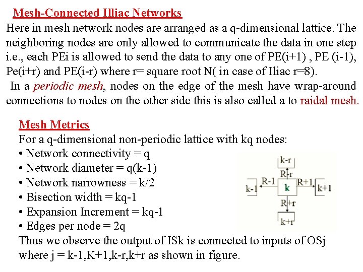 Mesh-Connected Illiac Networks Here in mesh network nodes are arranged as a q-dimensional lattice.