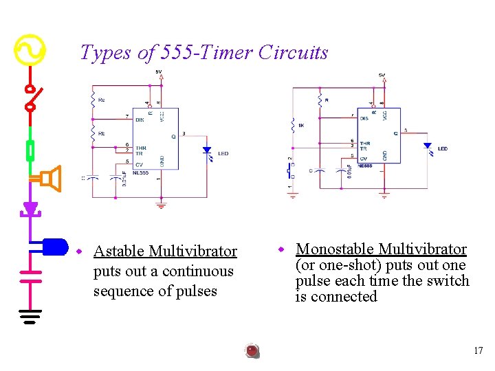 Types of 555 -Timer Circuits w Astable Multivibrator puts out a continuous sequence of