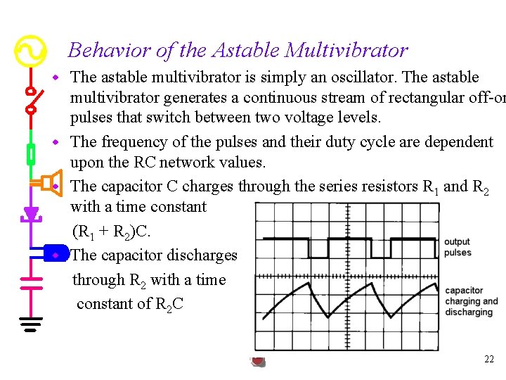 Behavior of the Astable Multivibrator The astable multivibrator is simply an oscillator. The astable