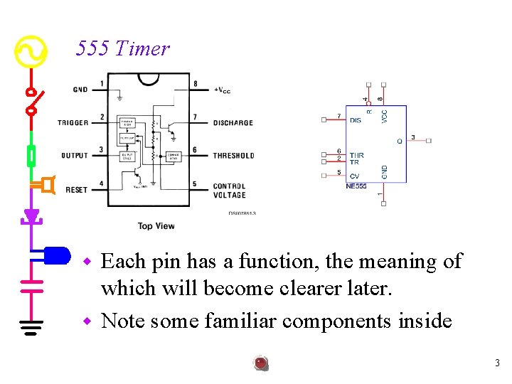 555 Timer Each pin has a function, the meaning of which will become clearer