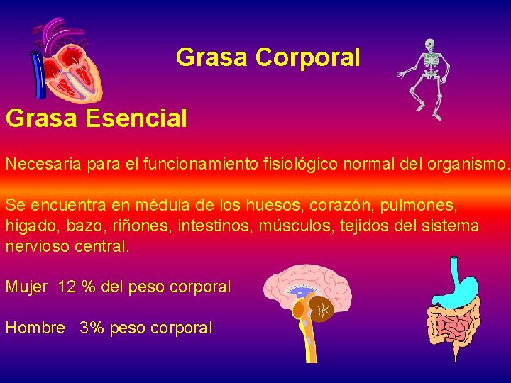 Grasa Corporal Grasa Esencial Necesaria para el funcionamiento fisiológico normal del organismo. Se encuentra