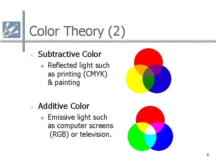 Color Theory (2) n Subtractive Color n n Reflected light such as printing (CMYK)