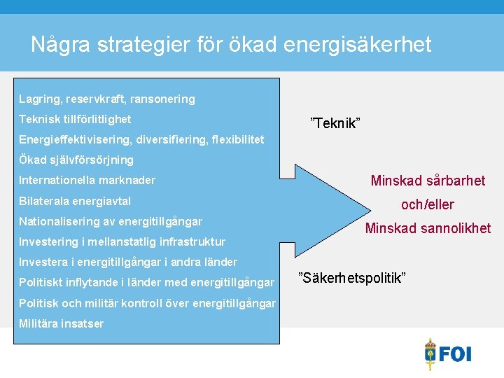 Några strategier för ökad energisäkerhet Lagring, reservkraft, ransonering Teknisk tillförlitlighet ”Teknik” Energieffektivisering, diversifiering, flexibilitet