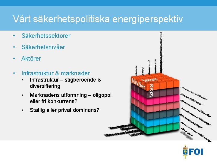 Vårt säkerhetspolitiska energiperspektiv • Säkerhetssektorer • Säkerhetsnivåer • Aktörer • Infrastruktur & marknader •