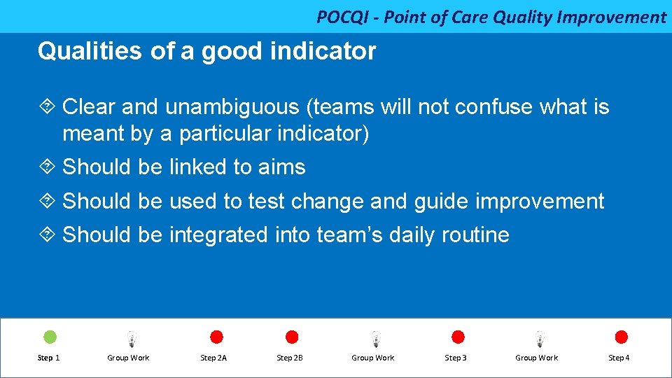 POCQI - Point of Care Quality Improvement Qualities of a good indicator Clear and