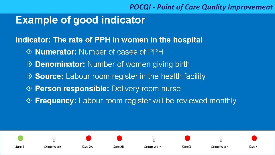 POCQI - Point of Care Quality Improvement Example of good indicator Indicator: The rate