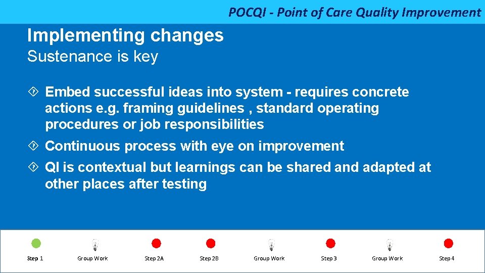 POCQI - Point of Care Quality Improvement Implementing changes Sustenance is key Embed successful