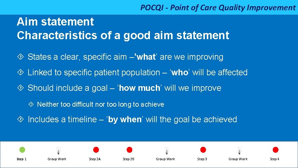 POCQI - Point of Care Quality Improvement Aim statement Characteristics of a good aim