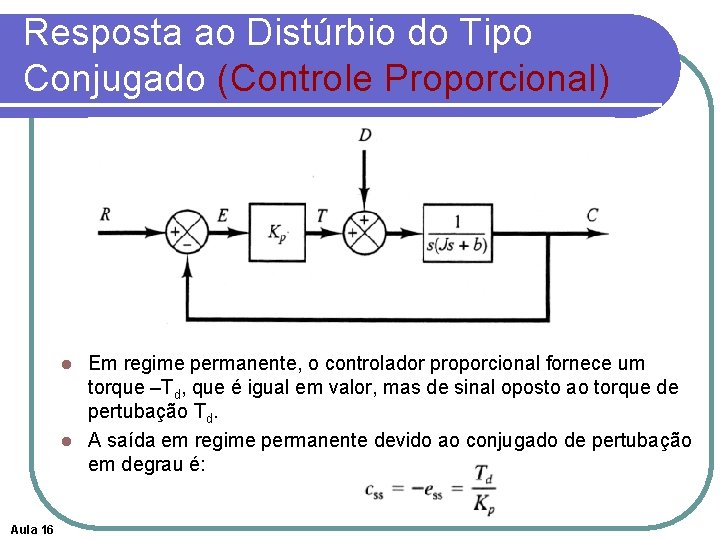 Resposta ao Distúrbio do Tipo Conjugado (Controle Proporcional) Em regime permanente, o controlador proporcional