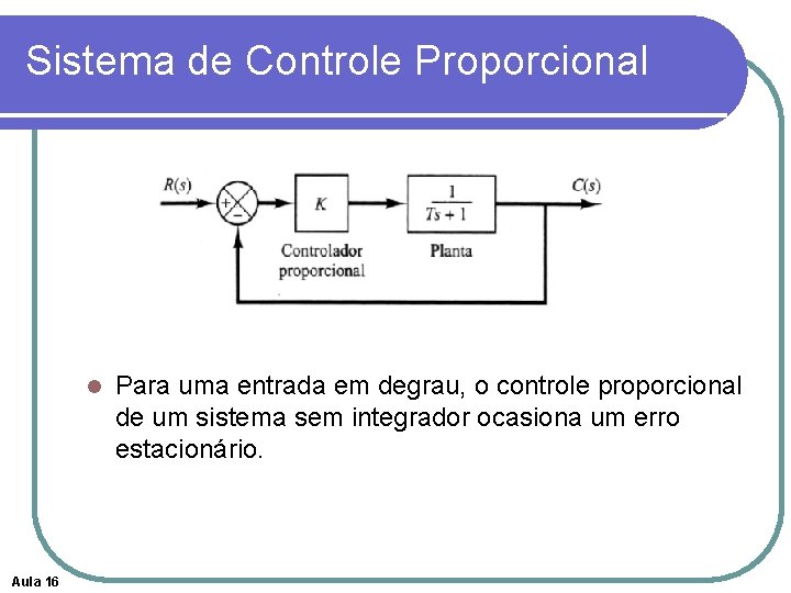Sistema de Controle Proporcional l Aula 16 Para uma entrada em degrau, o controle