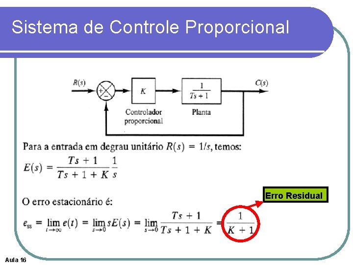 Sistema de Controle Proporcional Erro Residual Aula 16 