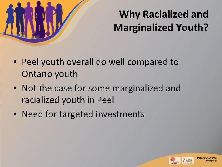 Why Racialized and Marginalized Youth? • Peel youth overall do well compared to Ontario