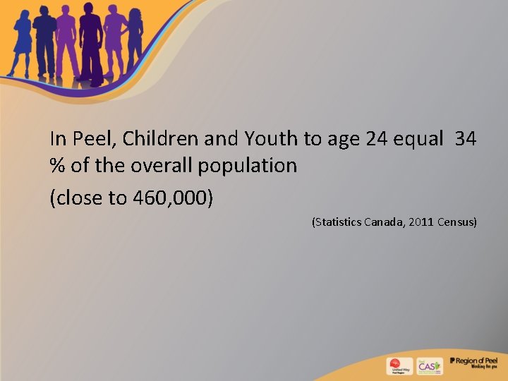  In Peel, Children and Youth to age 24 equal 34 % of the