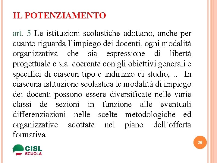 IL POTENZIAMENTO art. 5 Le istituzioni scolastiche adottano, anche per quanto riguarda l’impiego dei