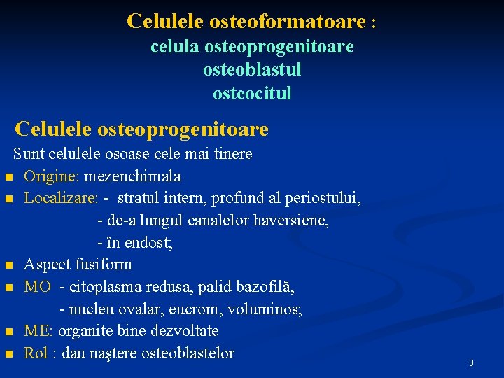 Celulele osteoformatoare : celula osteoprogenitoare osteoblastul osteocitul Celulele osteoprogenitoare Sunt celulele osoase cele mai