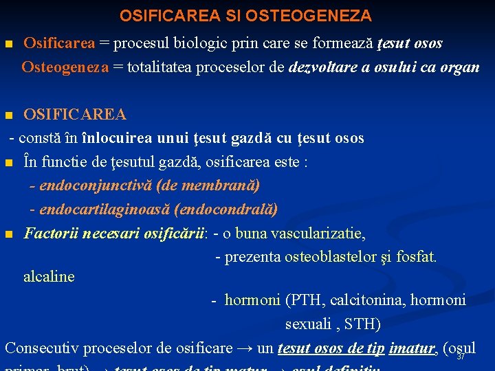 OSIFICAREA SI OSTEOGENEZA n Osificarea = procesul biologic prin care se formează ţesut osos