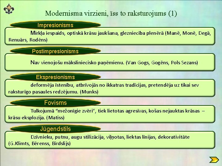 Modernisma virzieni, īss to raksturojums (1) Impresionisms Mirkļa iespaids, optiskā krāsu jaukšana, glezniecība plenērā Modernisma virzieni, īss to raksturojums (1) Impresionisms Mirkļa iespaids, optiskā krāsu jaukšana, glezniecība plenērā