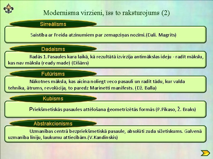 Modernisma virzieni, īss to raksturojums (2) Sirreālisms Saistība ar Freida atzinumiem par zemapziņas nozīmi. Modernisma virzieni, īss to raksturojums (2) Sirreālisms Saistība ar Freida atzinumiem par zemapziņas nozīmi.