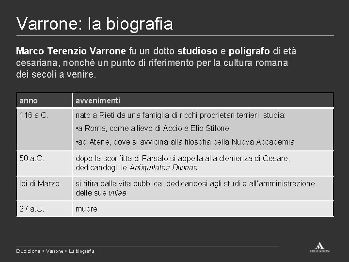 Varrone: la biografia Marco Terenzio Varrone fu un dotto studioso e poligrafo di età