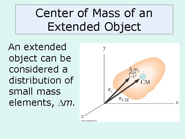 Center of Mass of an Extended Object An extended object can be considered a