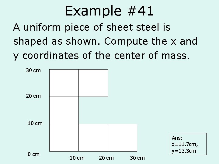 Example #41 A uniform piece of sheet steel is shaped as shown. Compute the