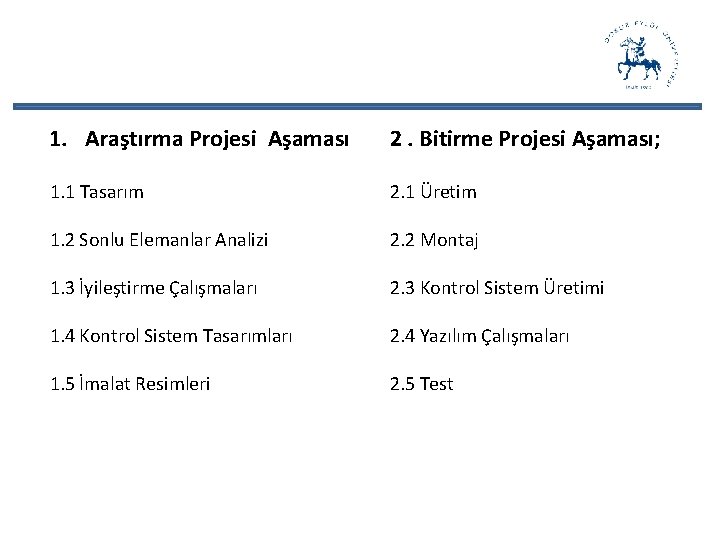 1. Araştırma Projesi Aşaması 2. Bitirme Projesi Aşaması; 1. 1 Tasarım 2. 1 Üretim