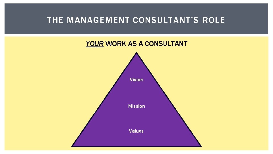 THE MANAGEMENT CONSULTANT’S ROLE YOUR WORK AS A CONSULTANT Vision Mission Values 