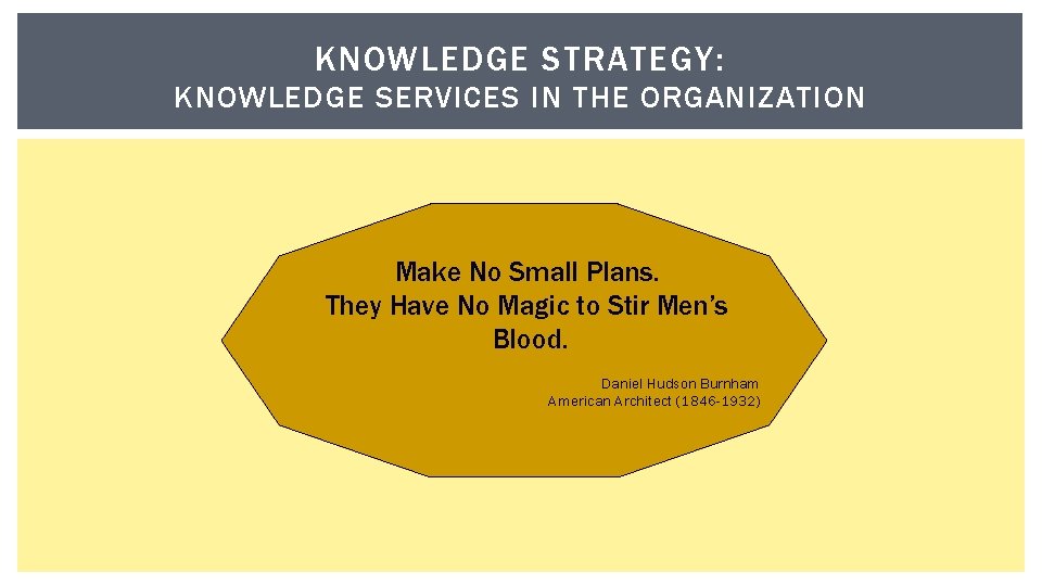 KNOWLEDGE STRATEGY: KNOWLEDGE SERVICES IN THE ORGANIZATION Make No Small Plans. They Have No