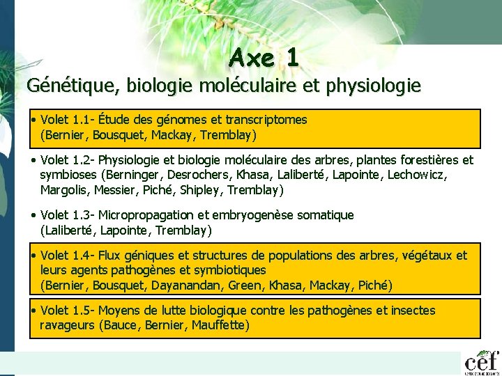 Axe 1 Génétique, biologie moléculaire et physiologie • Volet 1. 1 - Étude des