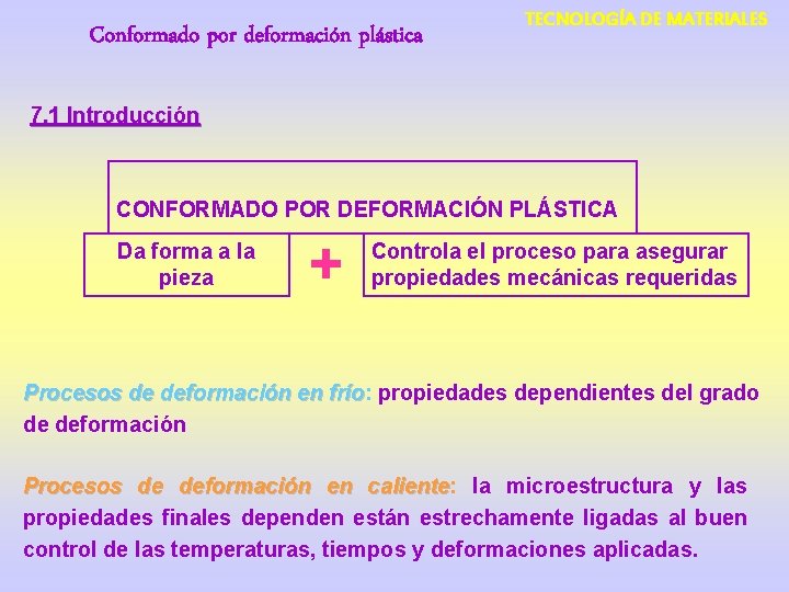 Conformado por deformación plástica TECNOLOGÍA DE MATERIALES 7. 1 Introducción CONFORMADO POR DEFORMACIÓN PLÁSTICA