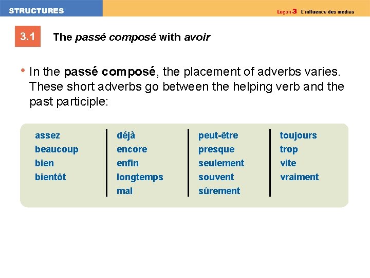 3. 1 The passé composé with avoir • In the passé composé, the placement