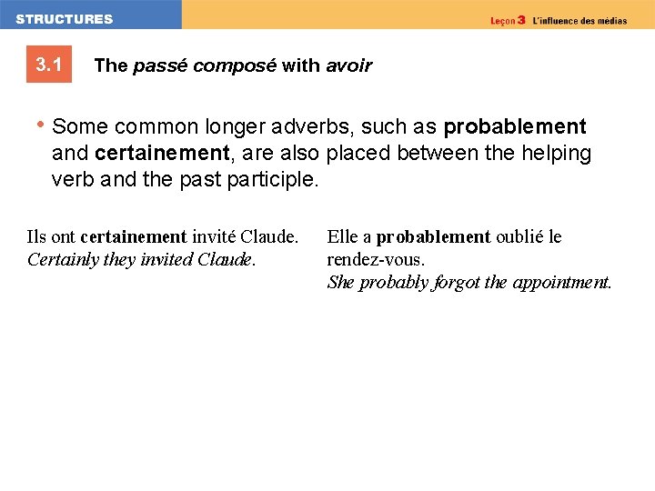 3. 1 The passé composé with avoir • Some common longer adverbs, such as