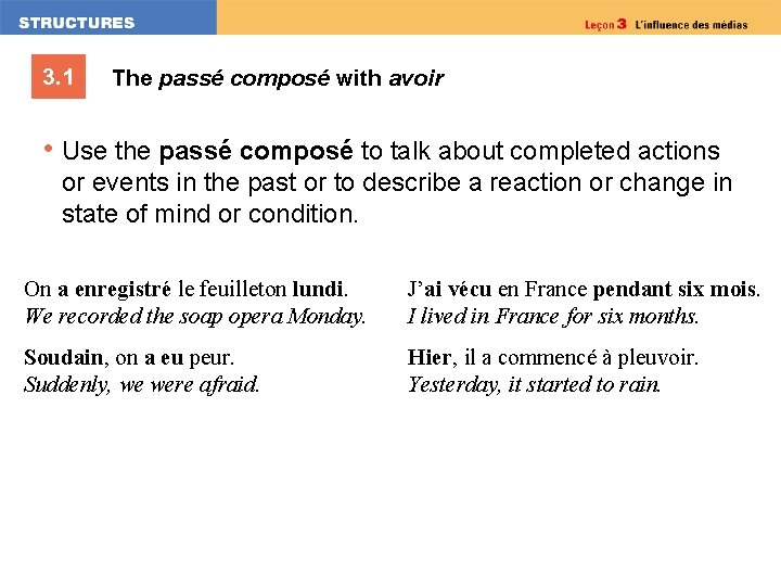 3. 1 The passé composé with avoir • Use the passé composé to talk