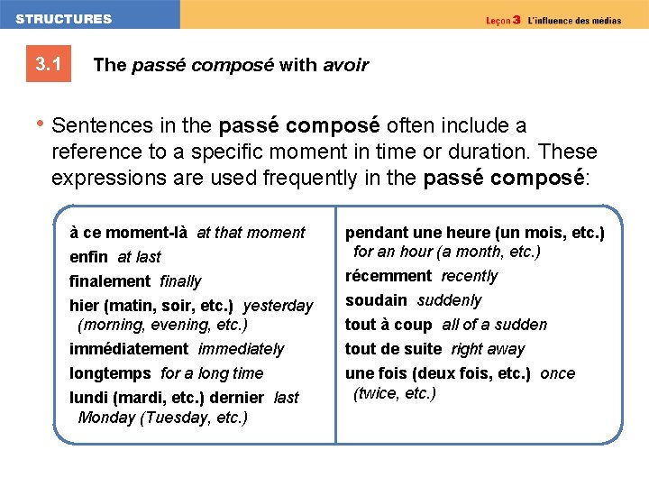 3. 1 The passé composé with avoir • Sentences in the passé composé often