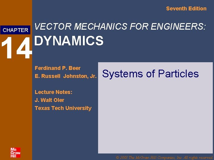 Seventh Edition CHAPTER 14 VECTOR MECHANICS FOR ENGINEERS: DYNAMICS Ferdinand P. Beer E. Russell Seventh Edition CHAPTER 14 VECTOR MECHANICS FOR ENGINEERS: DYNAMICS Ferdinand P. Beer E. Russell