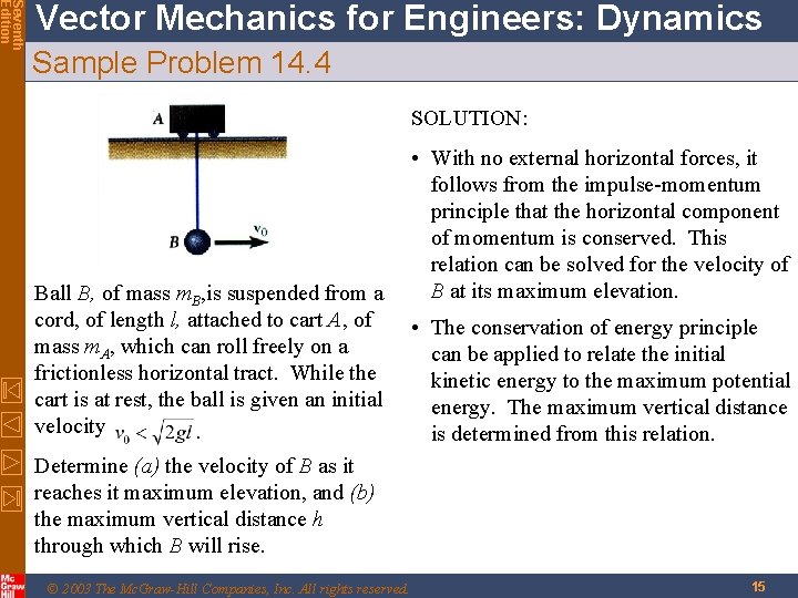 Seventh Edition Vector Mechanics for Engineers: Dynamics Sample Problem 14. 4 SOLUTION: Ball B, Seventh Edition Vector Mechanics for Engineers: Dynamics Sample Problem 14. 4 SOLUTION: Ball B,