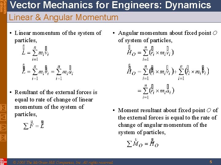 Seventh Edition Vector Mechanics for Engineers: Dynamics Linear & Angular Momentum • Linear momentum Seventh Edition Vector Mechanics for Engineers: Dynamics Linear & Angular Momentum • Linear momentum