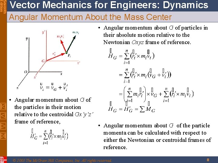 Seventh Edition Vector Mechanics for Engineers: Dynamics Angular Momentum About the Mass Center • Seventh Edition Vector Mechanics for Engineers: Dynamics Angular Momentum About the Mass Center •