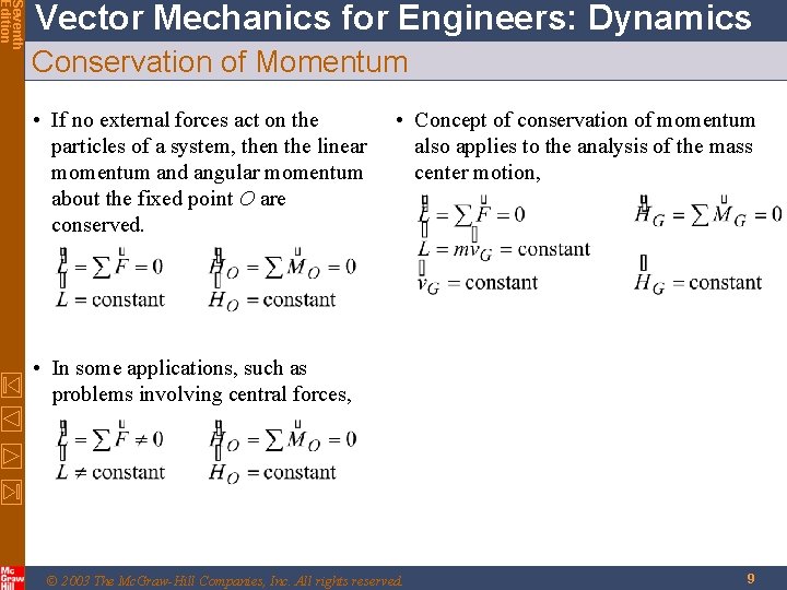 Seventh Edition Vector Mechanics for Engineers: Dynamics Conservation of Momentum • If no external Seventh Edition Vector Mechanics for Engineers: Dynamics Conservation of Momentum • If no external
