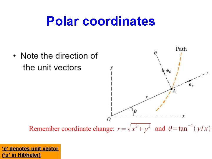 Polar coordinates ‘e’ denotes unit vector (‘u’ in Hibbeler) 