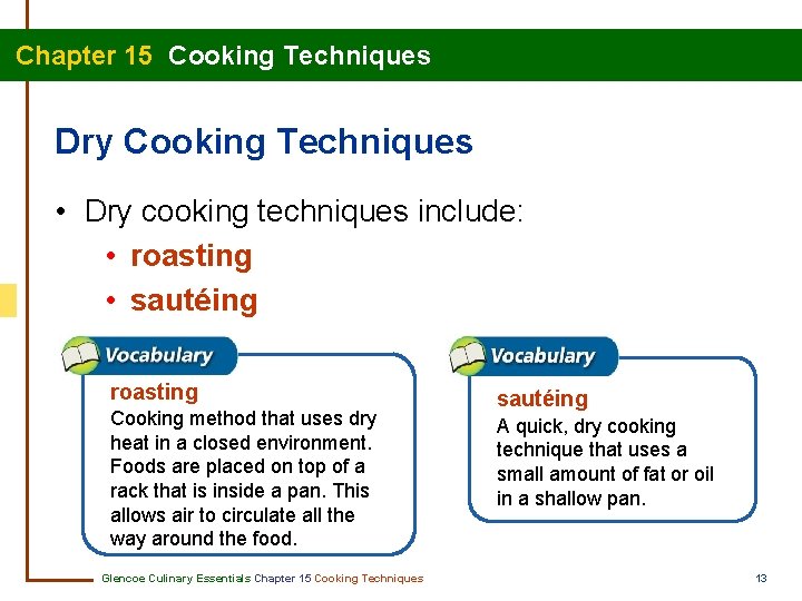 Chapter 15 Cooking Techniques Dry Cooking Techniques • Dry cooking techniques include: • roasting