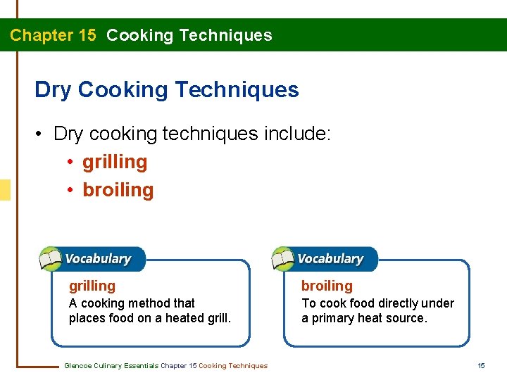 Chapter 15 Cooking Techniques Dry Cooking Techniques • Dry cooking techniques include: • grilling