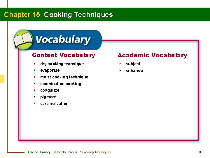 Chapter 15 Cooking Techniques Content Vocabulary Academic Vocabulary dry cooking technique subject evaporate enhance