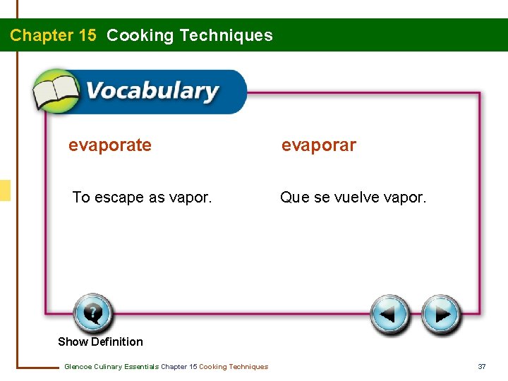 Chapter 15 Cooking Techniques evaporate evaporar To escape as vapor. Que se vuelve vapor.