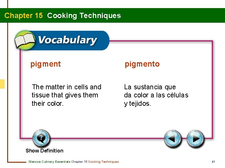 Chapter 15 Cooking Techniques pigmento The matter in cells and tissue that gives them