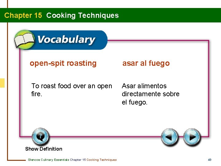 Chapter 15 Cooking Techniques open-spit roasting asar al fuego To roast food over an